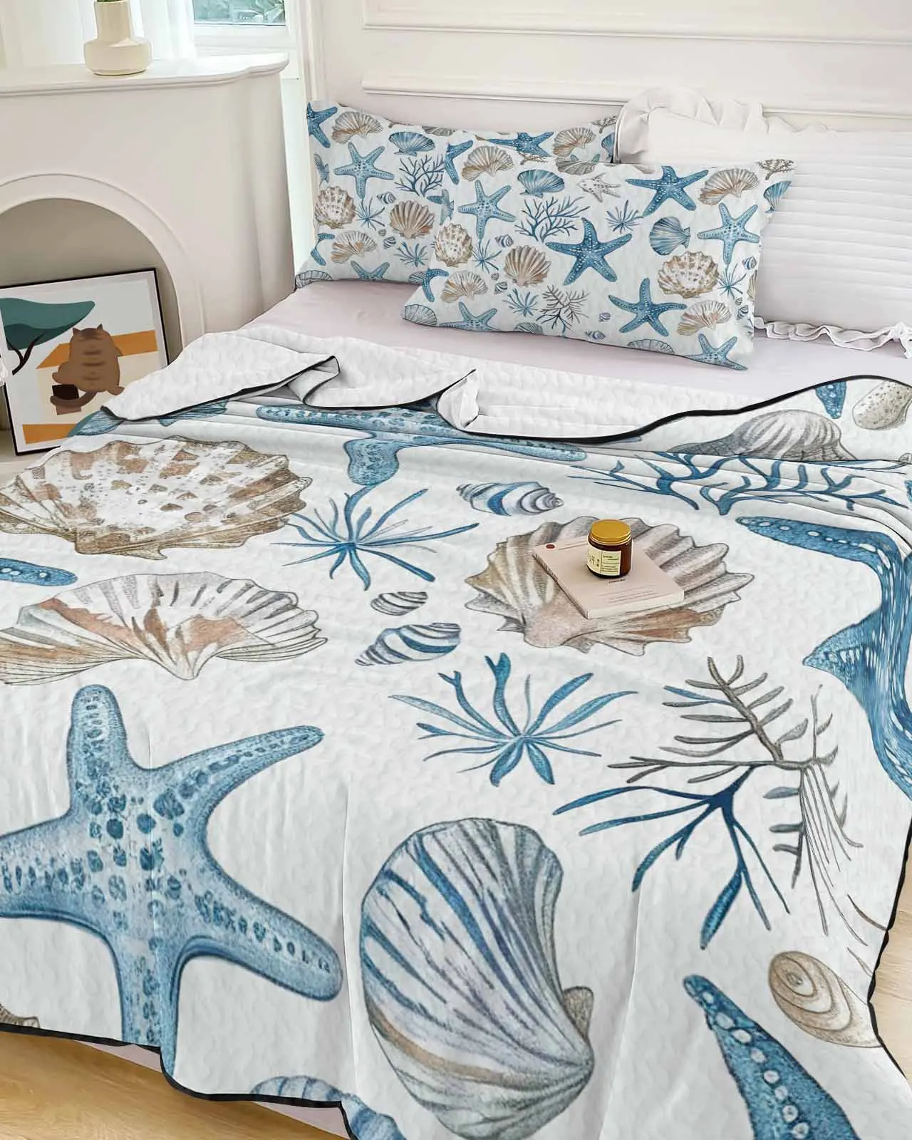 

Marine Coral Shell Starfish Blue Series Summer Cooling Quilt Air Condition Blanket Comfortable Lightweight Bedroom Thin Quilt