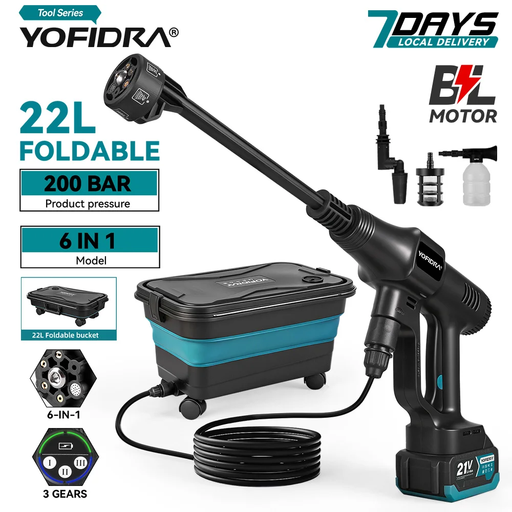 YOFIDRA 6-in-1 200 Bar Bürstenloser Hochdruck-Autowascher Wasserpistole Reinigungs-Sprühpistole Gartenwerkzeug für Makita 21V Akku