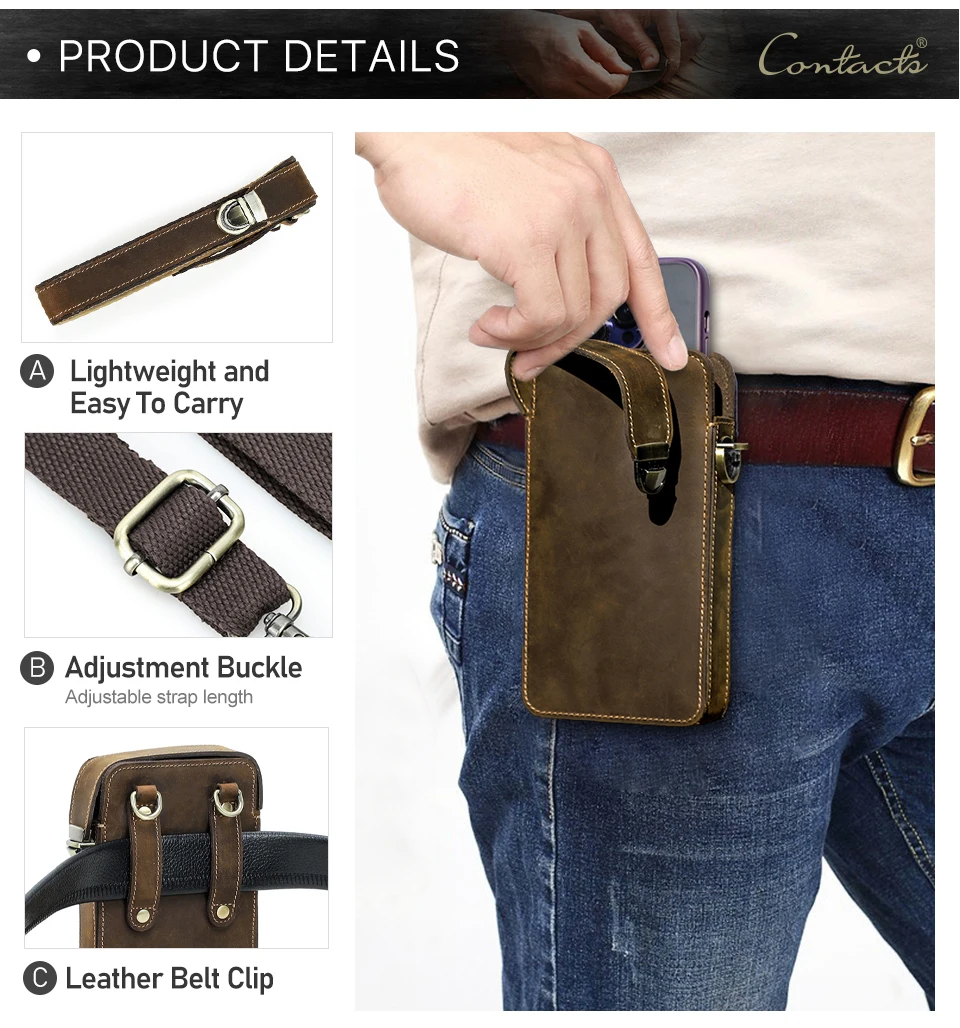 CONTACT'S Echtleder-Umhängetasche für Herren, Vintage-Hüfttasche für Handys, passend für 6,9" iPhone 17 Pro Max, Herren-Reise-Umhängetasche – Detail 11