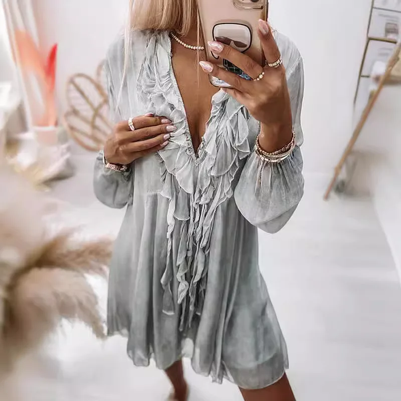 Women's Summer Chiffon Shirt V-neck Long-sleeved Loose Fashion Chiffon Top Elegant Temperament Sun Protection Long Chiffon Shirt