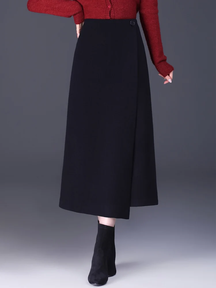 

SUCH AS SU Autumn Winter Womens Black Coffee Woolen Irregular Skirt Ladies High Waist S-3XL Mid Long Asymmetrical Skirts Female