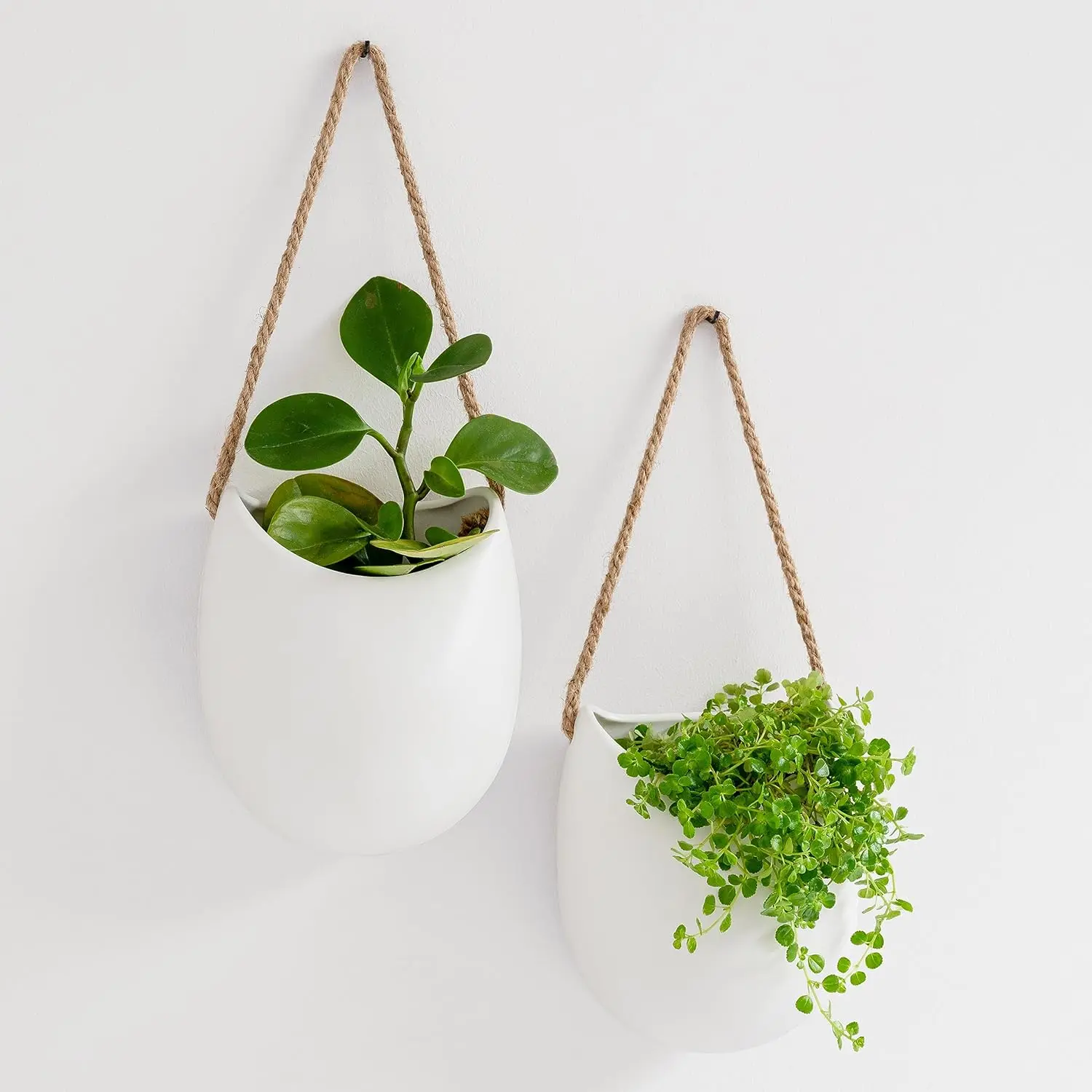 Hanging Ceramic Plant Pots 2 Pieces | Wall Decoration for Indoors, Balcony and Garden | White (Matte)