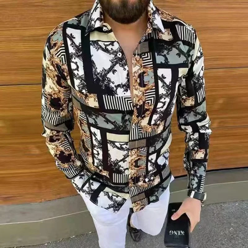 Summer Mens Button Down Cuban Collar Long Shirt Royal MaleTops Casual Fashion Slim Fit Soft Smooth Fashion Luxury Party Shirt