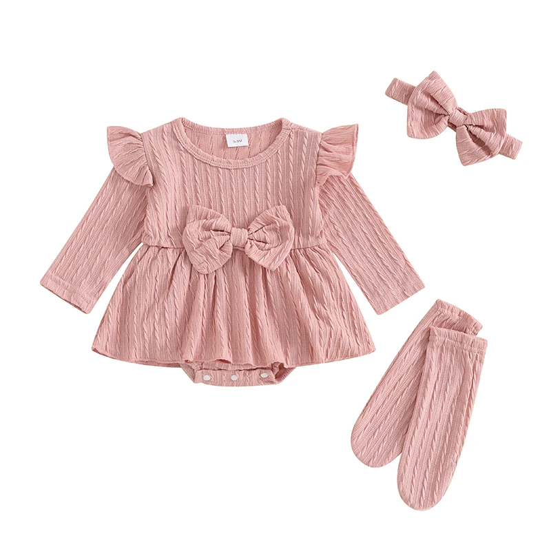 

Baby Girl Romper Dress and Socks Set Knit Long Sleeve Bodysuit Ruffle Hem Skirt Headbands Infant 3Pcs Fall Clothes