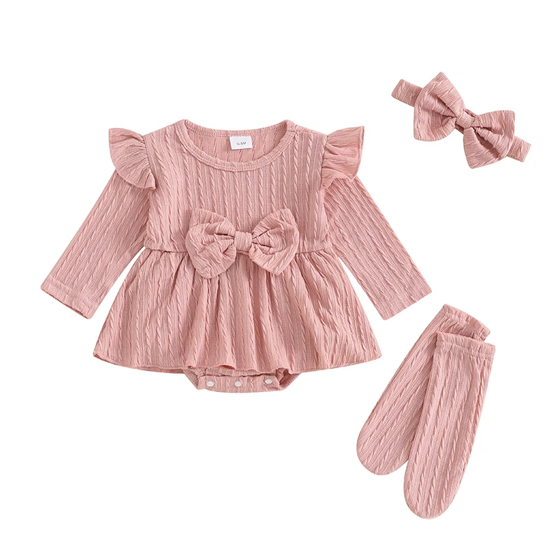 

Newborn Baby Girls Ribbed Romper Dress Ruffled Trim Long Sleeve Jumpsuit Bow Headband Stockings Set