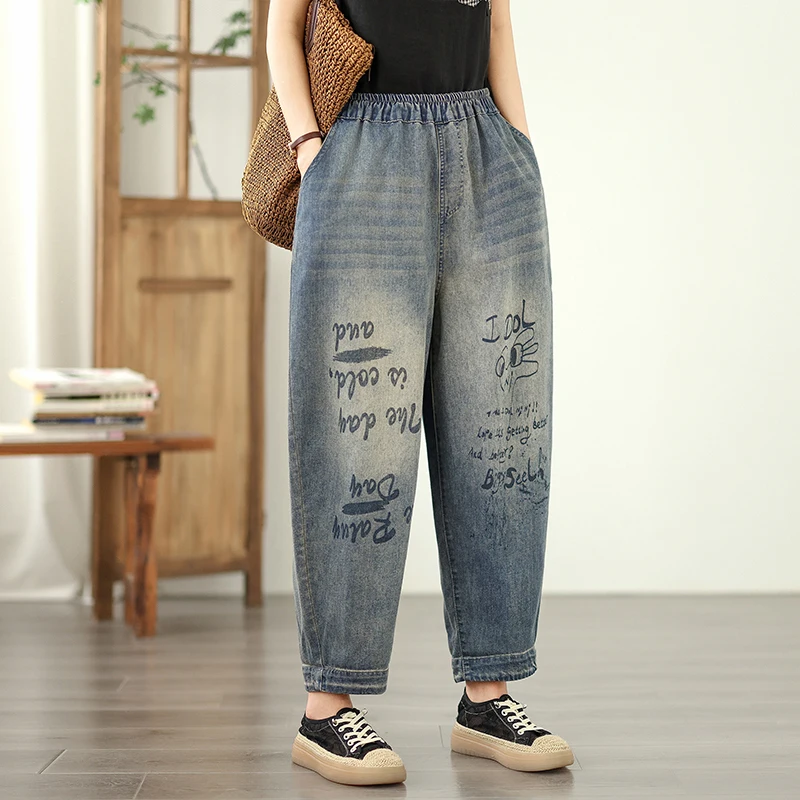 Spring Fall Fashion Good Quality Women's Denim Pants Thin Loose Casual Vintage Letter Print High Waist Ankle Length Jeans
