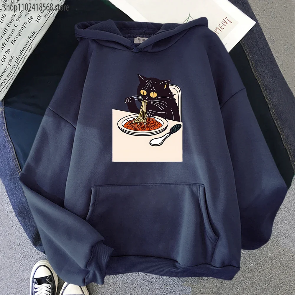 Cartoon Cat Eating Spaghetti Hoodie MEN Cute Animal Graphic Sweatshirt Harajuku Popular Characters High Street Korean Style Tops