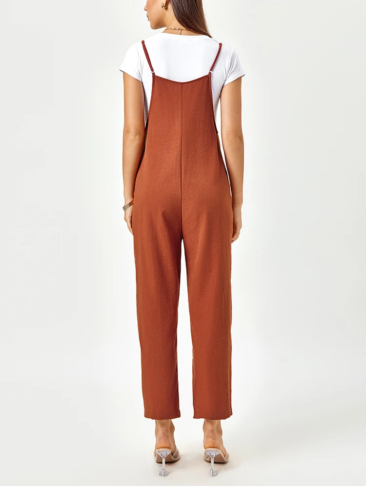 NewAsia Vintage Linen Blend Wide Leg Jumpsuit for Women Casual Sleeveless Suspender Overalls with Buttons Pockets Streetwear
