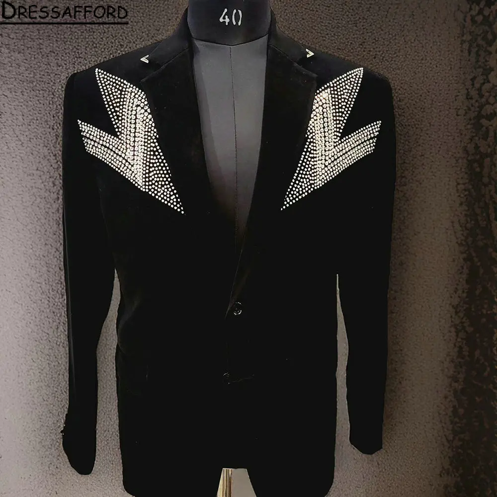 

Black Crystal Pearls Men Suits Groom Wedding Tuxedos 2 Pieces Sets Dinner Prom Blazers Terno Masculino Completo