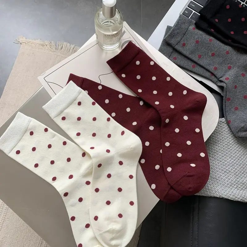 Girls Harajuku Red Polka Dot Medium Tube Socks Women Spring Autumn Cotton High Long Socks Japanese Korean Burgundy Stockings