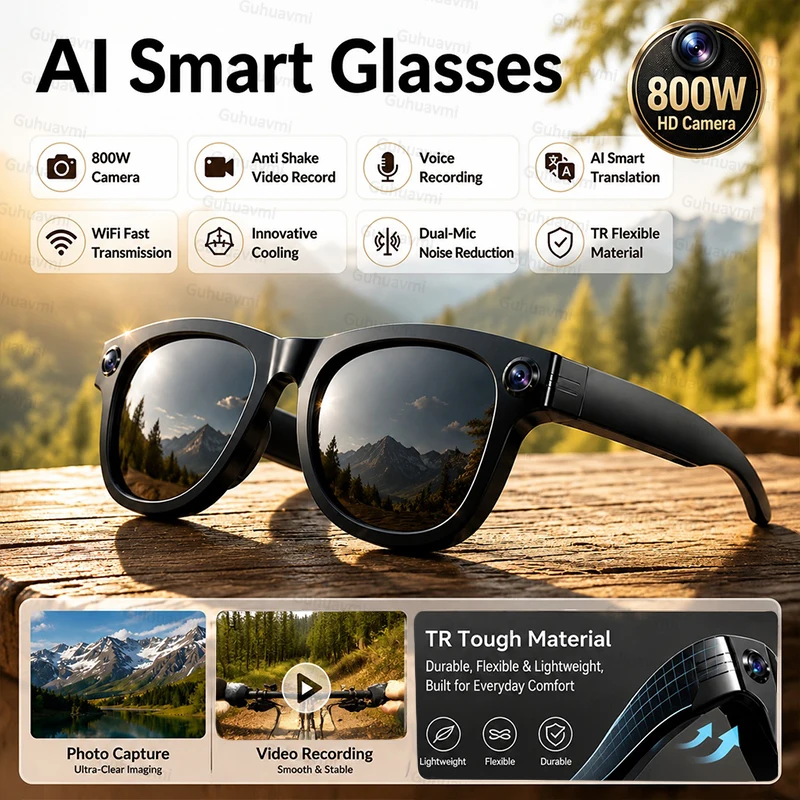 2026 AI Smart Glasses 800W Anti Shake Camera Languages Translation BT Call 3D Music Play TR Flexible Material Smart Glasses Man