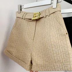 S-XLSummer New Black And White Powder Khaki Four-color Advanced Jacquard Fabric Net Red Popular High Waist Shorts