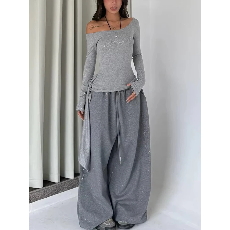  American Retro Hot Diamond Flash Jazz Hip-Hop Women Sweatpants Korean Streetwear Loose Jogging Pants High Waist Wide-Leg Pants