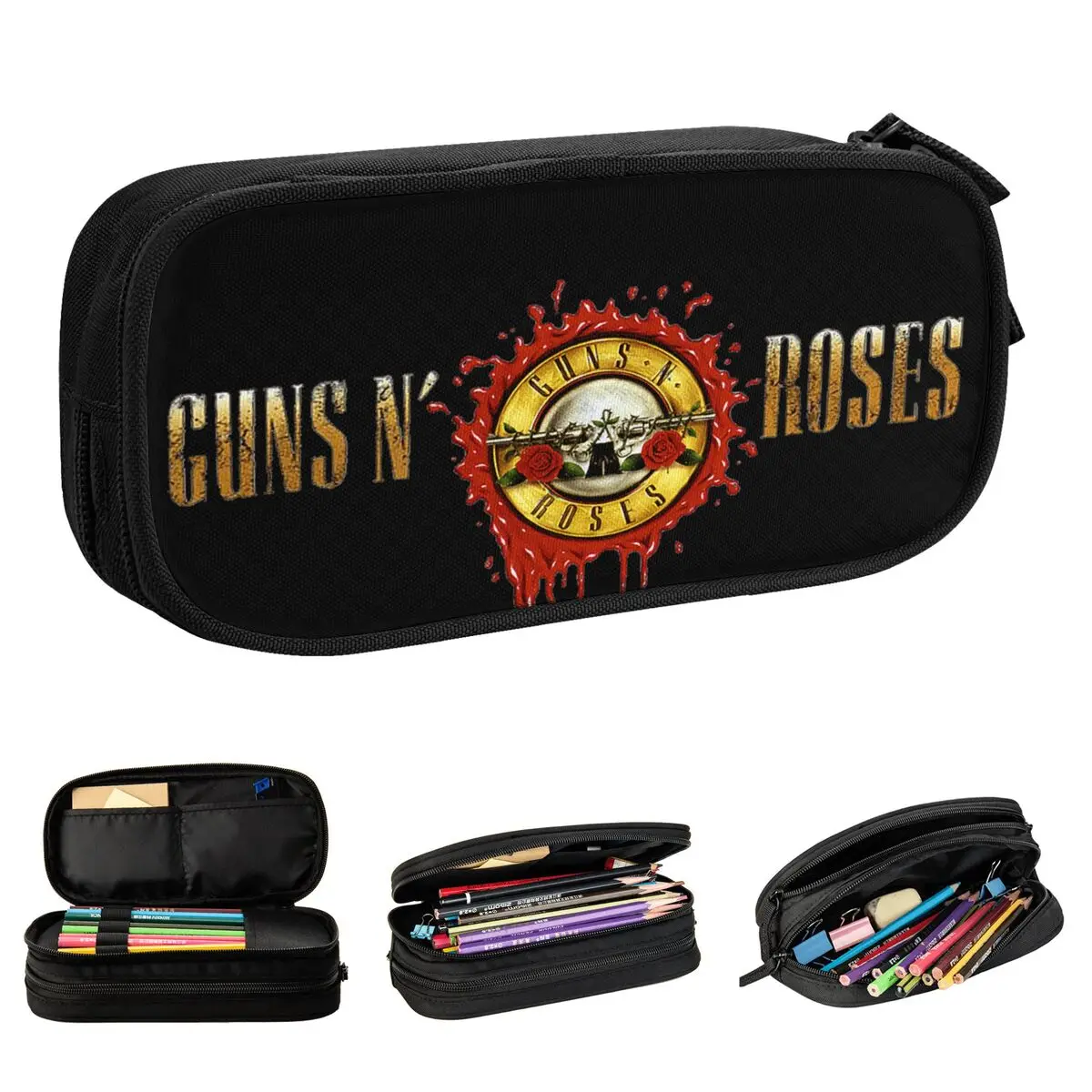 Guns N Roses 중금속 연필 케이스, 귀여운 스팀펑크 음악 펜 가방, 학생 대용량 수납, 학생 학교 선물 연필 파우치