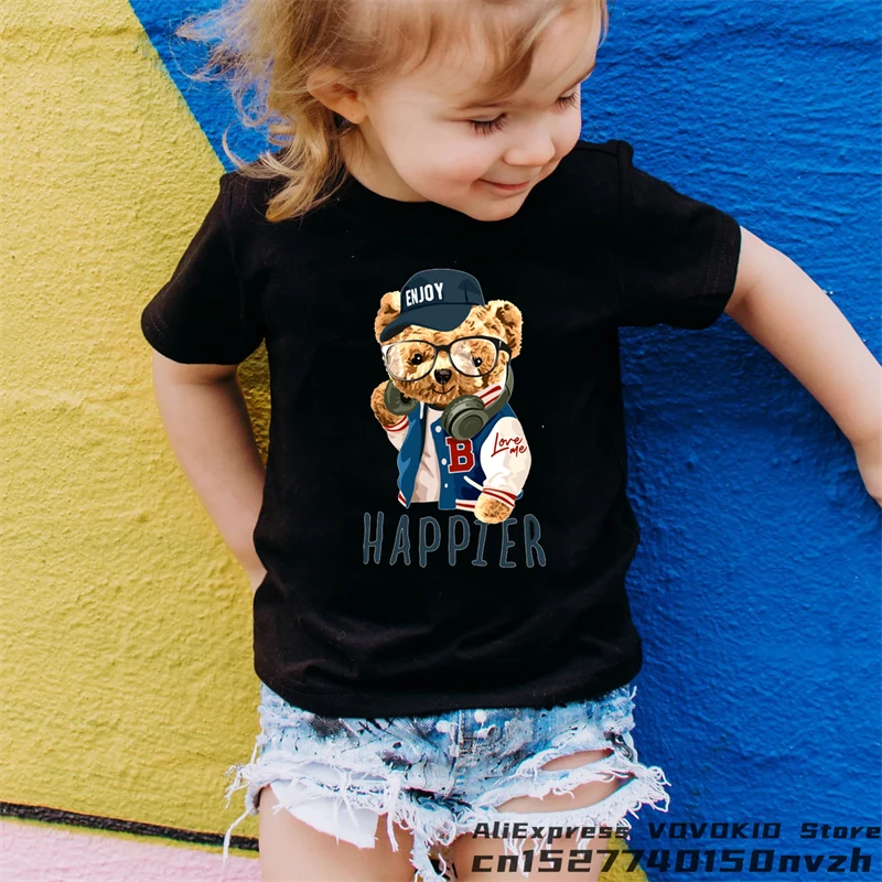 Funny Bear Boy Girl Black Cute Cartoon T-shirt Kid Summer Animal Anime Tops Tee Children Baby Family Group Clothes