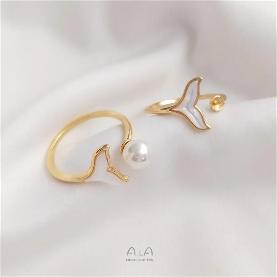 DIY Handmade Accessories 14K Gold Shell Fish Tail Ring with Empty Half Hole Pearl Holder and Fashionable Open Ring B695