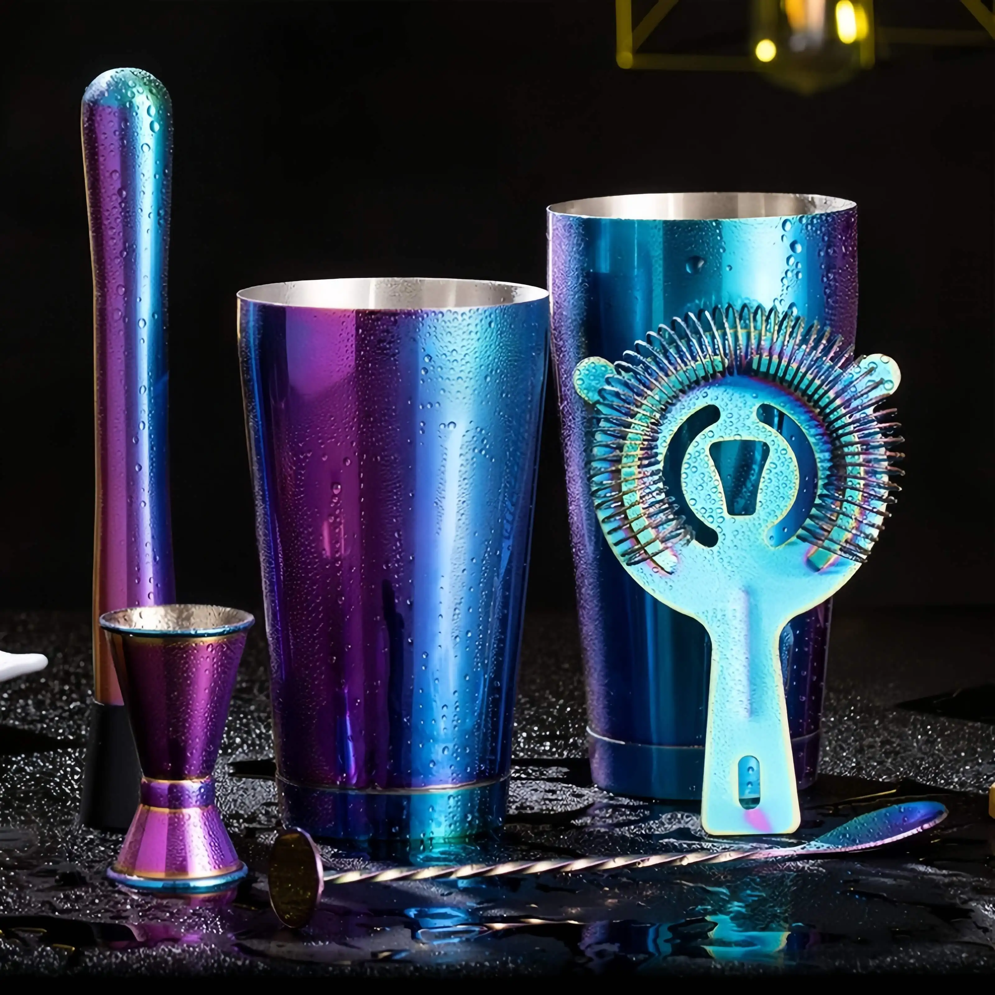 Electroplated Colorful Shaker Cup Stainless Steel Shaker Set, Boston Cocktail Shaker Tools Wine Accessories  Absinthe Spoon