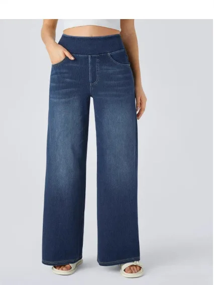 Jean en tricot extensible taille haute délavé pour femme, Baggy, jambes larges, avec plusieurs poches