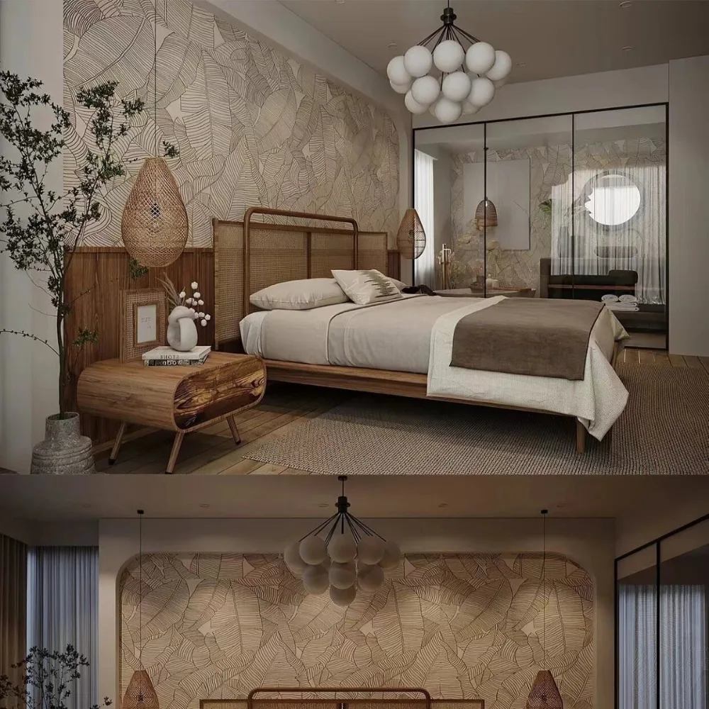 Luxury Natural Oak Double Bed Vintage Rattan Weave Low Profile Bed Frame Boho Chic Solid Wood Platform Bed For Hotel & Home
