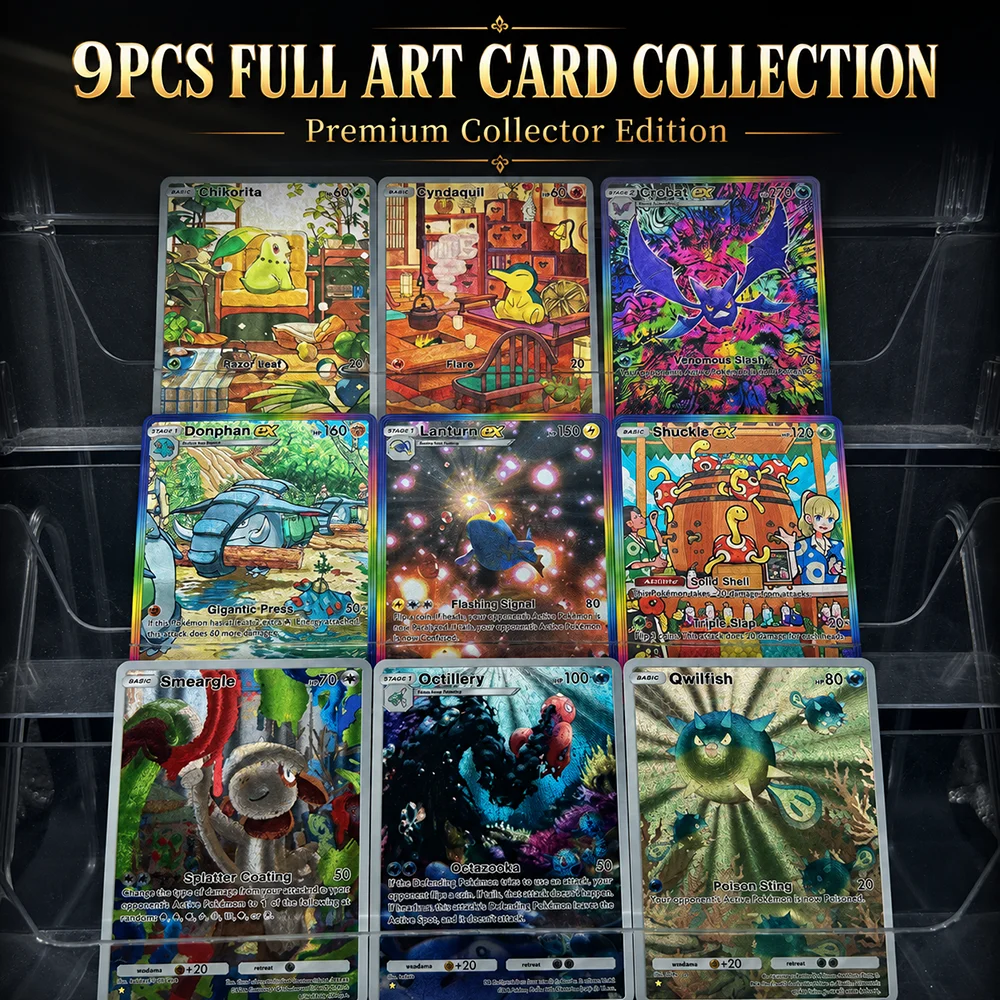

PTCG 9PCS Full Art Trading Card Collection Chikorita Cyndaquil Crobat Donphan Lanturn Shuckle Smeargle Collector Edition Card