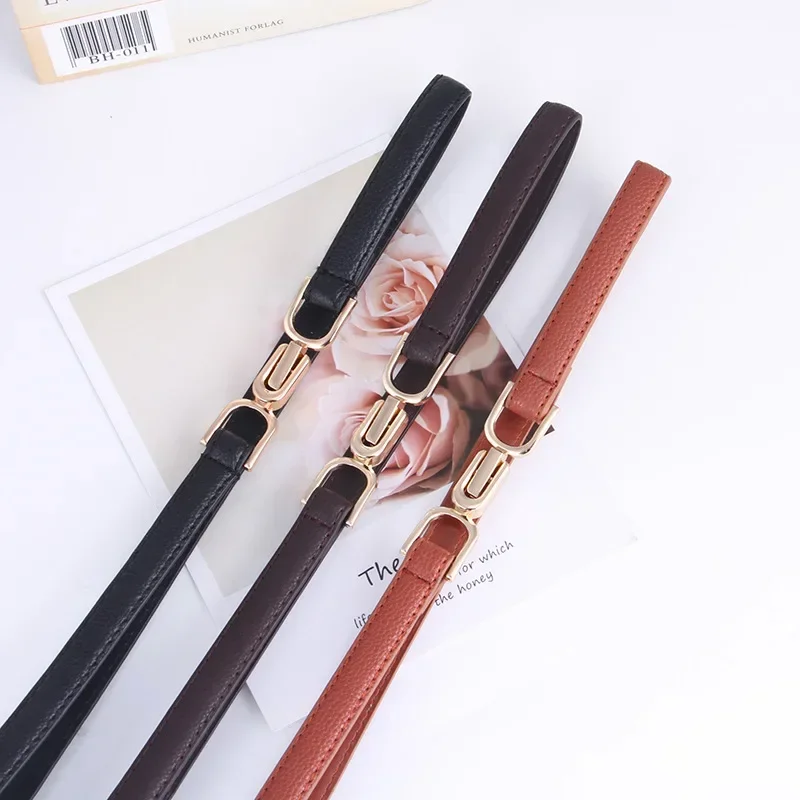 

PU Leather Ladies Dress Belts Adjustable Skinny Thin Women Fashion Versatile Waist Belts Strap Gold Color Buckle Female Belts