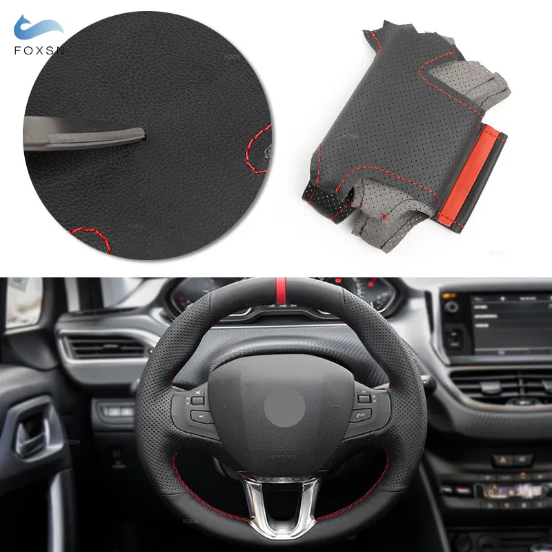

For Peugeot 208 / 2008 2014 2015 2016 2017 2018 Hand Stitched Car Steering Wheel Cover Perforated Leather Trim Accessories