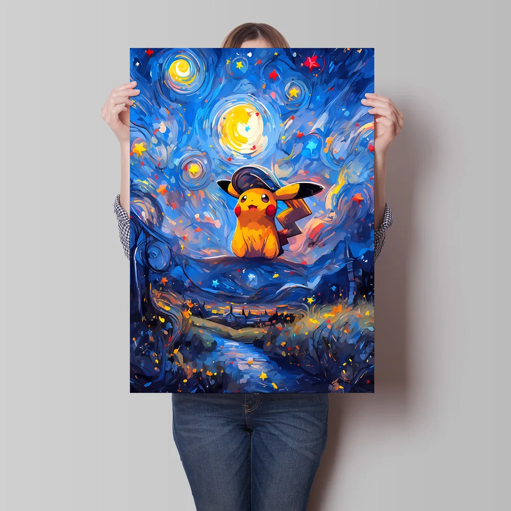 1pc Frameless Canvas Painting Van Gogh - Style Pokemon Decorative Paintings - Pikachu and Gengar in Starry Night Art Unique Wall