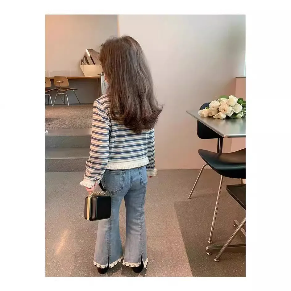 

Spring Autumn Infant Baby Girl 2PCS Clothes Set Tassel Hem Stripe Long Sleeve Undershirt Cotton Denim Flare Pant Kid Gitl Outfit