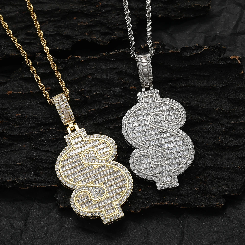 

EYIKA New Baguette Zircon Big Money US Dollar Symbol Pendant Stainless Steel Chain Necklace Gold Plated Hip Hop Rapper Jewelry