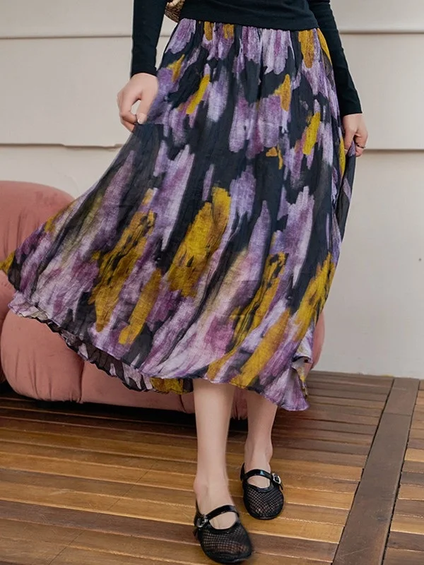 Casual Cotton Linen A-Line Skirt Women's High Waist Pleated Purple Print Design Slimming Half-length Skirt for Teens