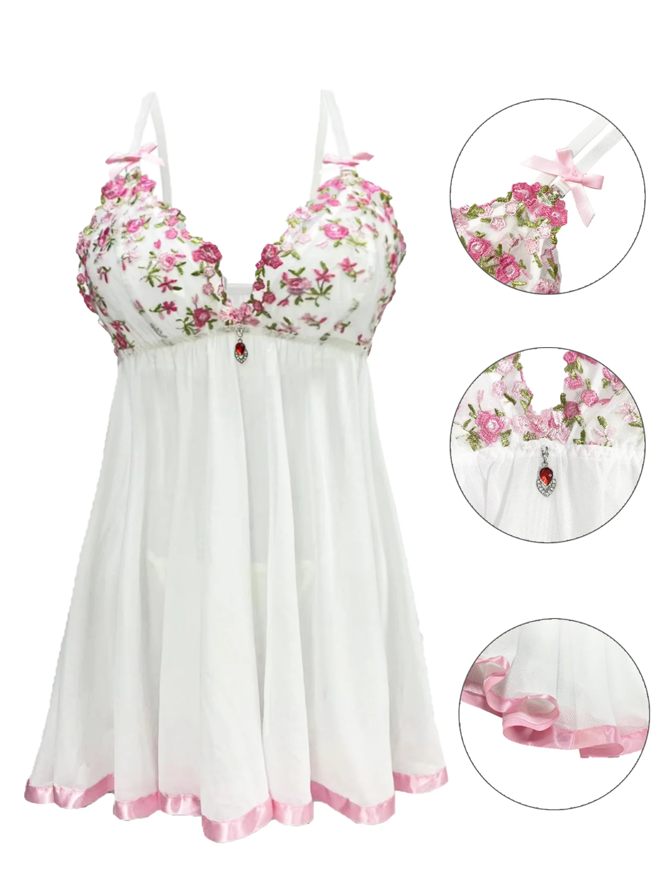 Embroidery White - White Floral Embroidery Babydoll Lingerie V‑Neck
