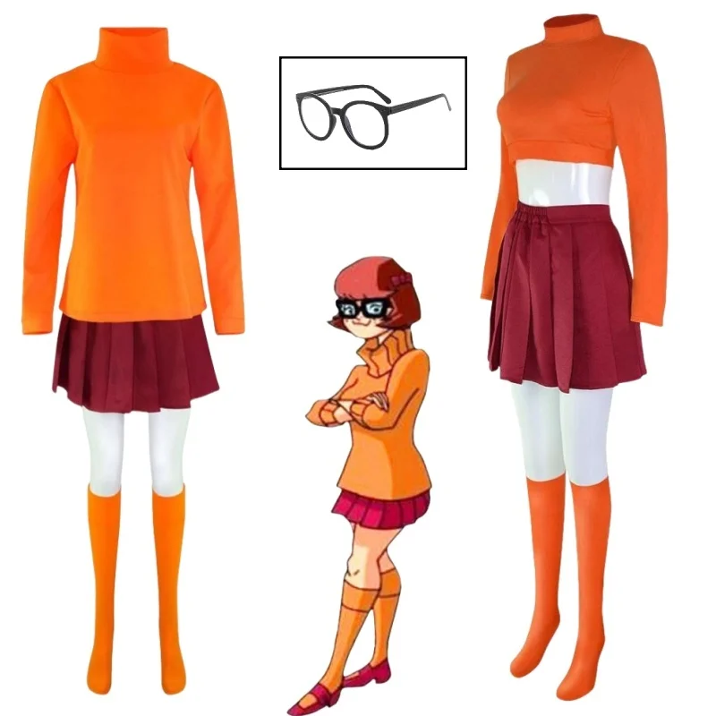 

Anime Velma Cosplay Costume Wig Outfit Uniform Woman Daphne Orange Top Skirt Socks Glasses Halloween Set Girls Party Role play