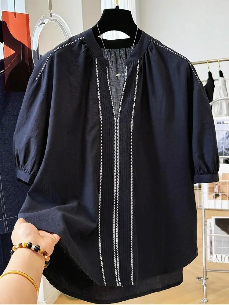 

Elegant Women's Luxury Designer Blouses Embroidered Blouses Women Shirt Short-sleeve Summer Top O-neck Loose Casual Shirt