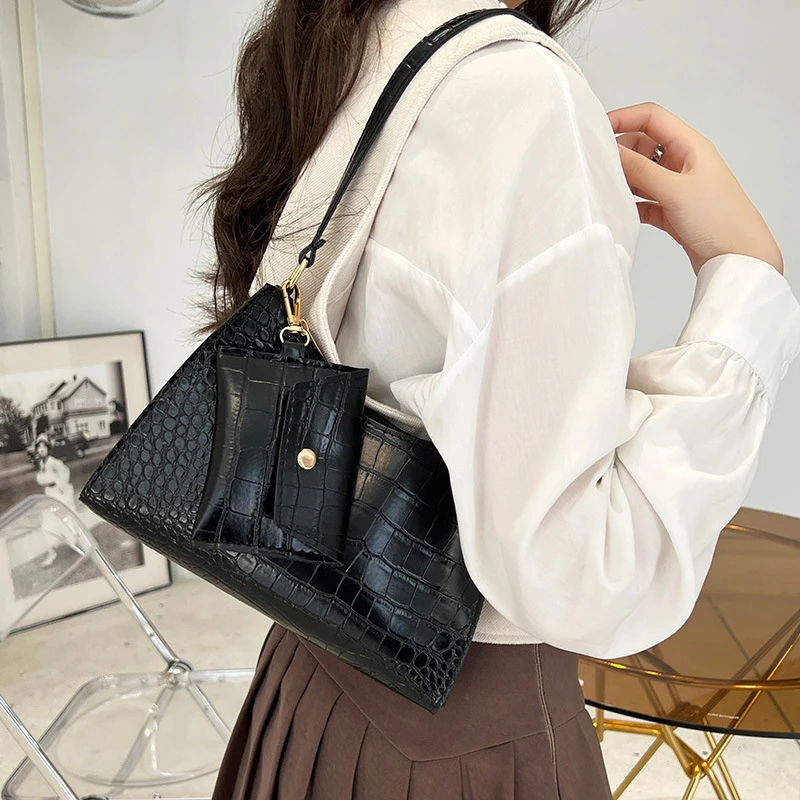 Two Piece Women's Underarm Bag New Style Fashion Versatile Solid Color Crocodile Pattern Sweet Small Design Shoulder Bag