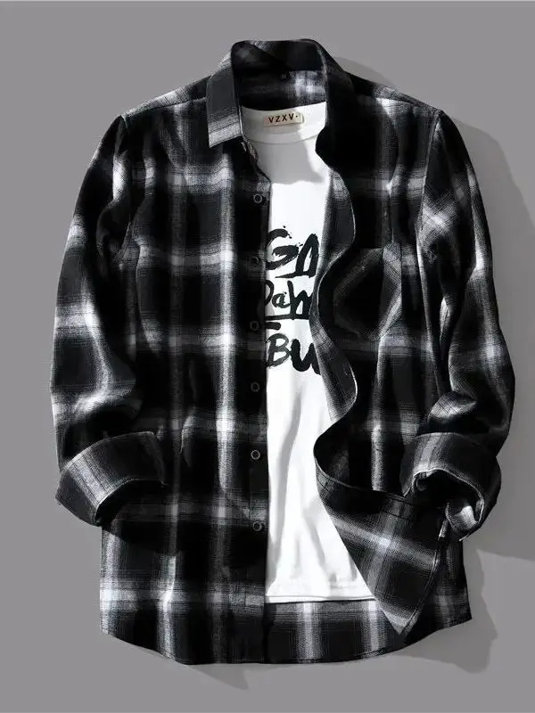 

Loose Long Sve Men's irt Jaet Cheered Pattern Casual Sle Autumn Wear Button Closure Collar Regular Fit