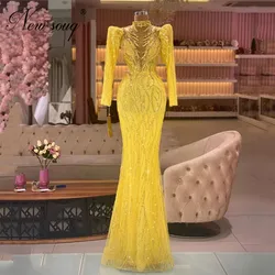 Luxury Yellow Long Sleeves Evening Dresses Muslim High Neck Sequins Celebrity Dress Newest Dubai Beads Party Night  Custom Made