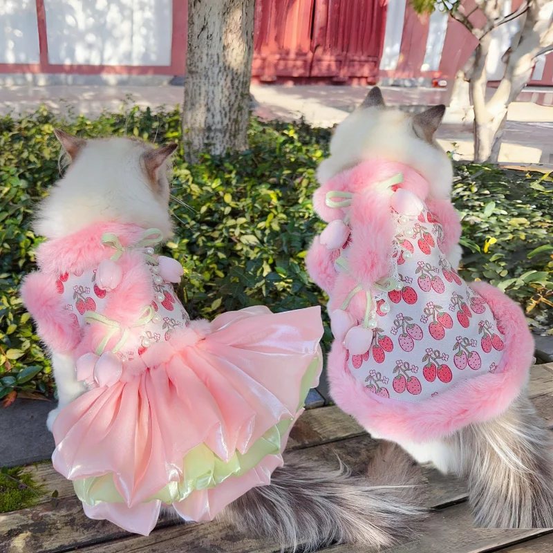 

Fur-lined National Style Lace Pink Pet Dress Pet Vest for Small Medium Dogs Cats