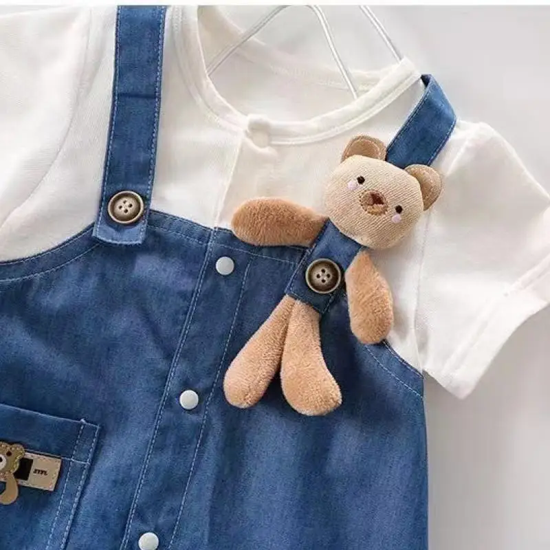 Ropa de verano para bebé, mono falso de dos piezas con tirantes de oso, pelele vaquero para niño y niña, traje infantil coreano