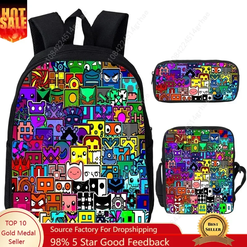 Angry Geometry Dash Cartoon Print Backpack 3pcs Set Boys Girls School Bags Large Capacity Bookbag Back To School Gifts