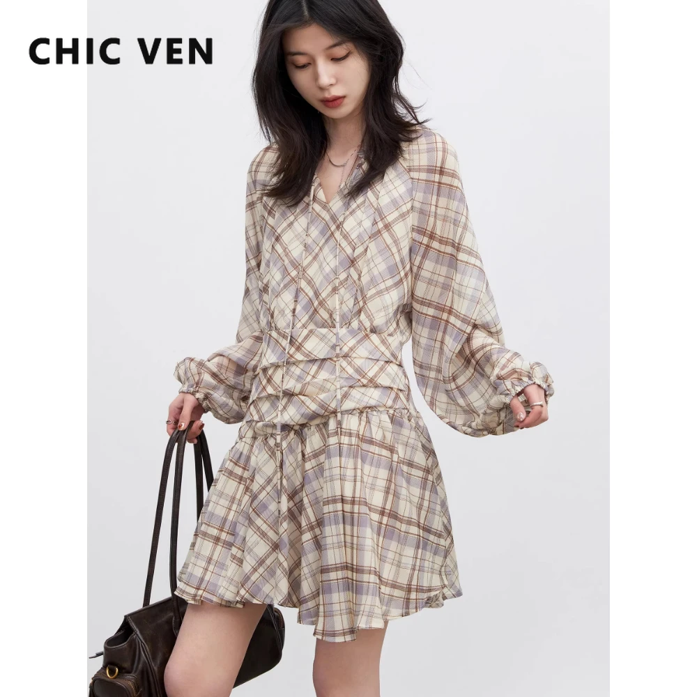 

Модное женское платье CHIC VEN с V-образным вырезом, свободного кроя, повседневное, новое, А-силуэт, на шнуровке, с длинными рукавами, в клетку, с пышными рукавами, весна-осень 2026