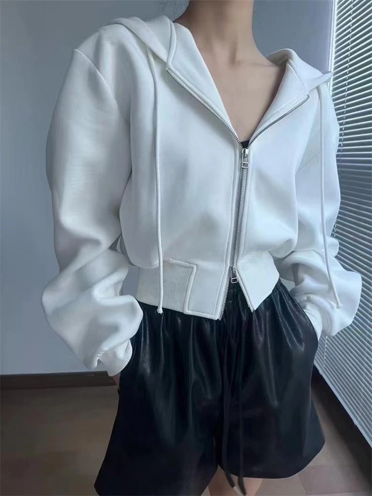Casual Short Hooded Sweatshirt Women Zip Up Hoodies Mujer Solid Harajuku Long Sleeve Slim fit Crop Top Female Jackets Coat — zdjęcie 5
