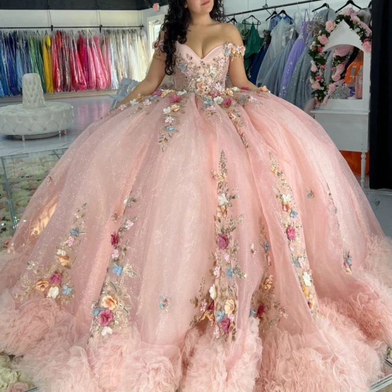 Pink Shiny Ball Gown Quinceanera Dresses Applique Flower Beading Crystal Tiered Tull Corset Off The Shoulder Sweet 16 Dress vest
