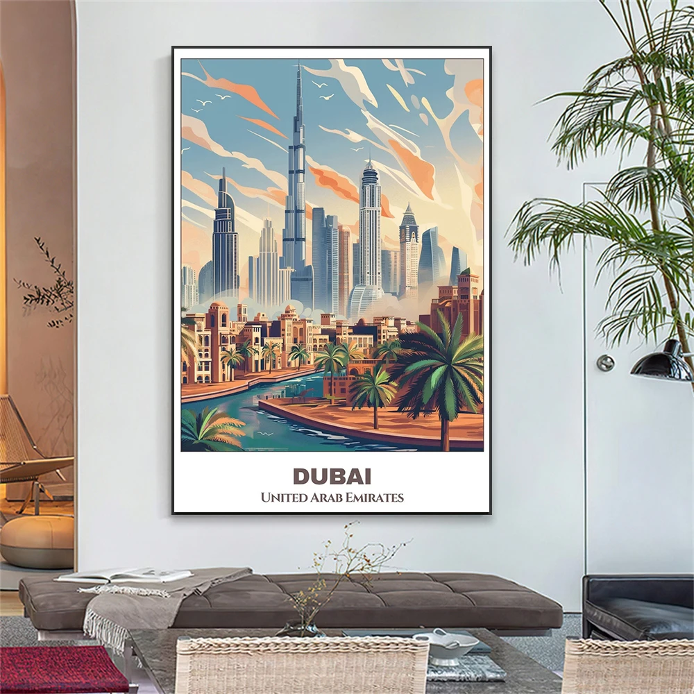 لوحة قماشية ملونة للمناظر الطبيعية ، الإمارات العربية المتحدة ، ملصق سفر دبي ، مطبوعات سيتي سكيب كلاسيكية ، ديكور غرفة القراءة المنزلية #4