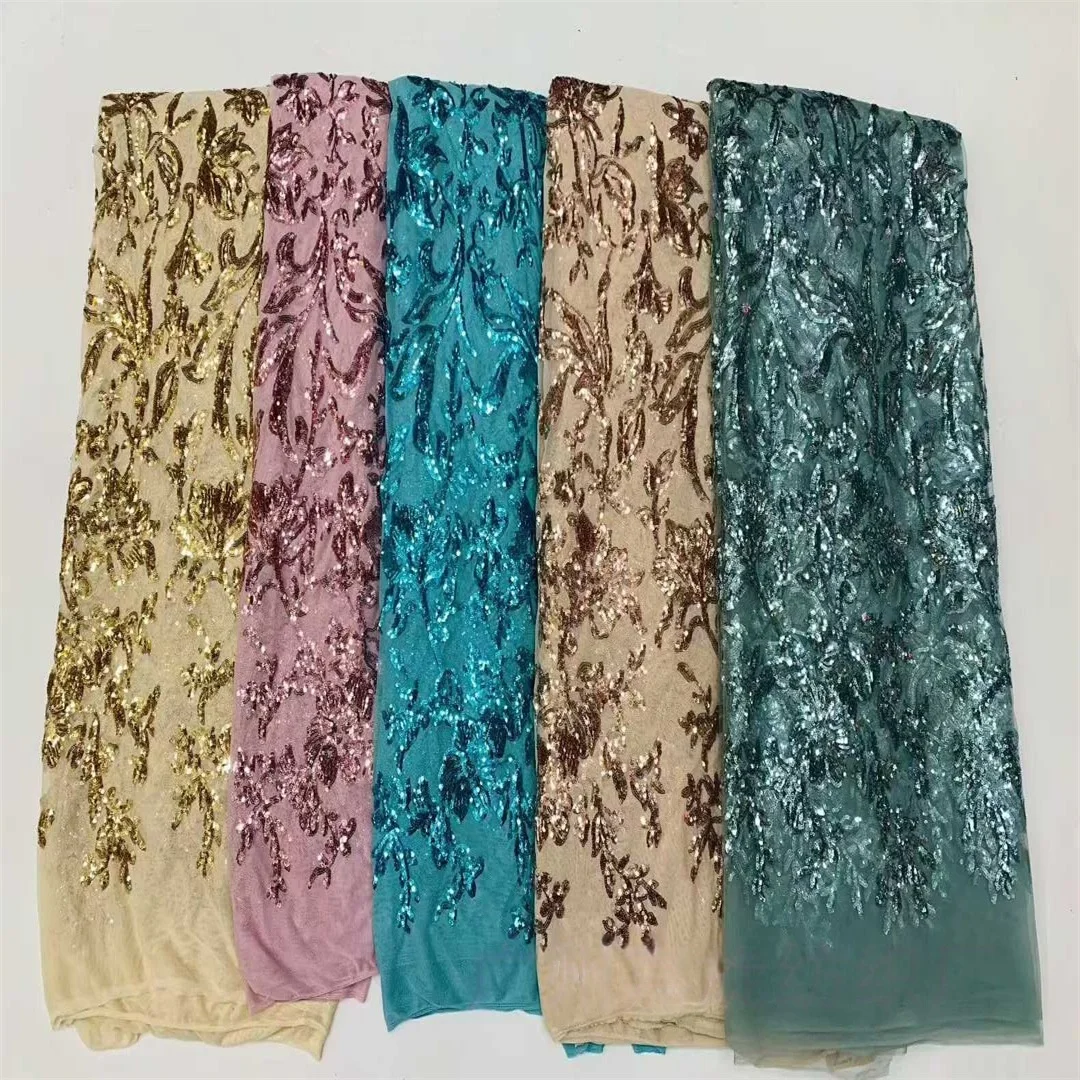 5 Colors Elastic Dress Sequined Applique Lace Fabric for Evening Gown Dance Costume Embroidered Stretch Material