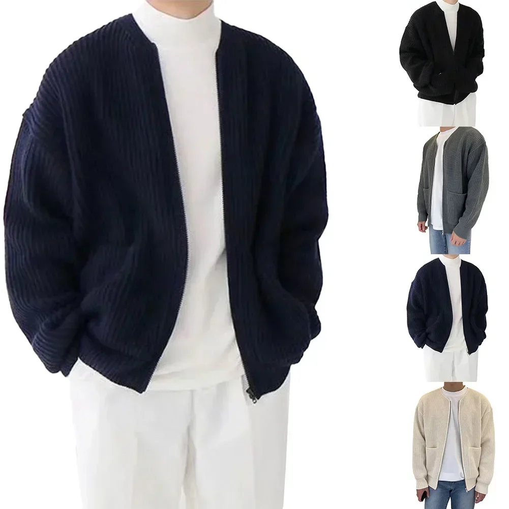 

1x Men Zip Up Long Sleeves Knitted Cardigan Lined Funnel Neck Sweater Pockets Coat Loose Male Sweater M-3XL New