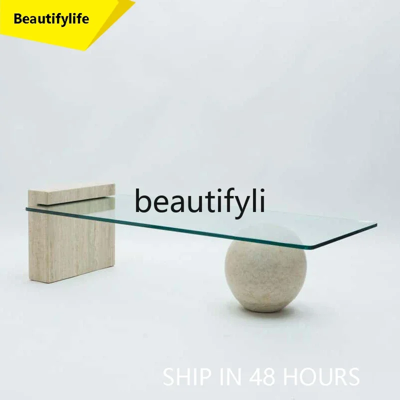 

smt1 Minimalist natural travertine coffee table rectangular tempered glass small apartment modern simple light luxury designer