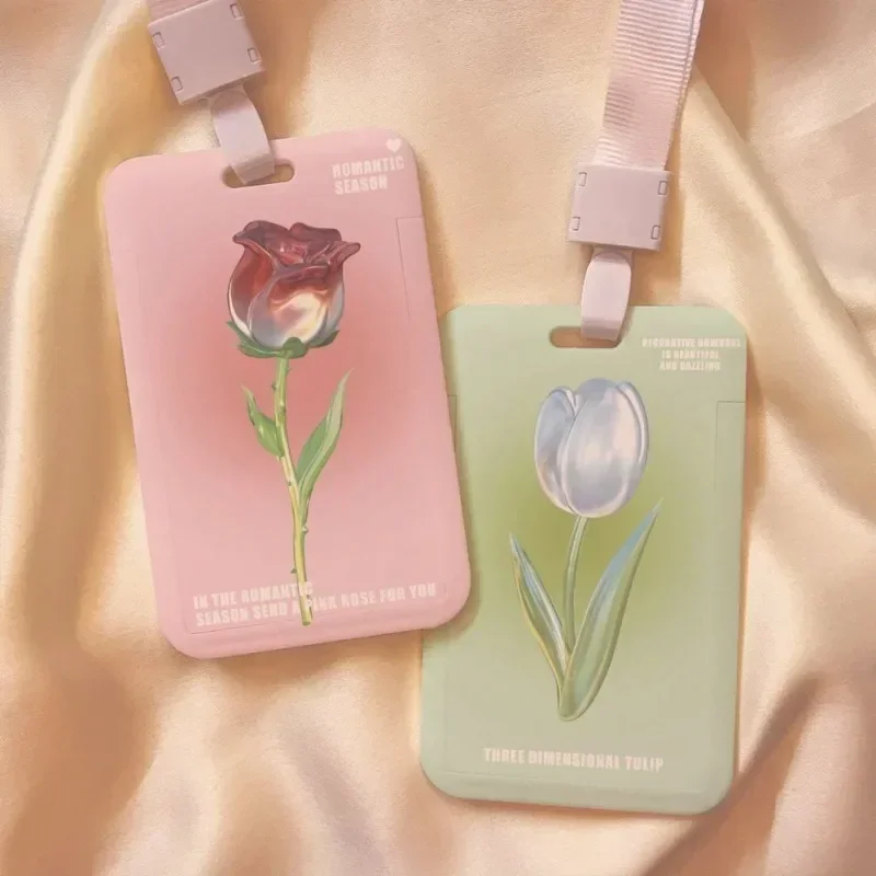 1 Piece Card Holders Rose Tulip Floral Kpop Idol Photocard Holder Pink Green Color Series Student Subway Card Holder Student