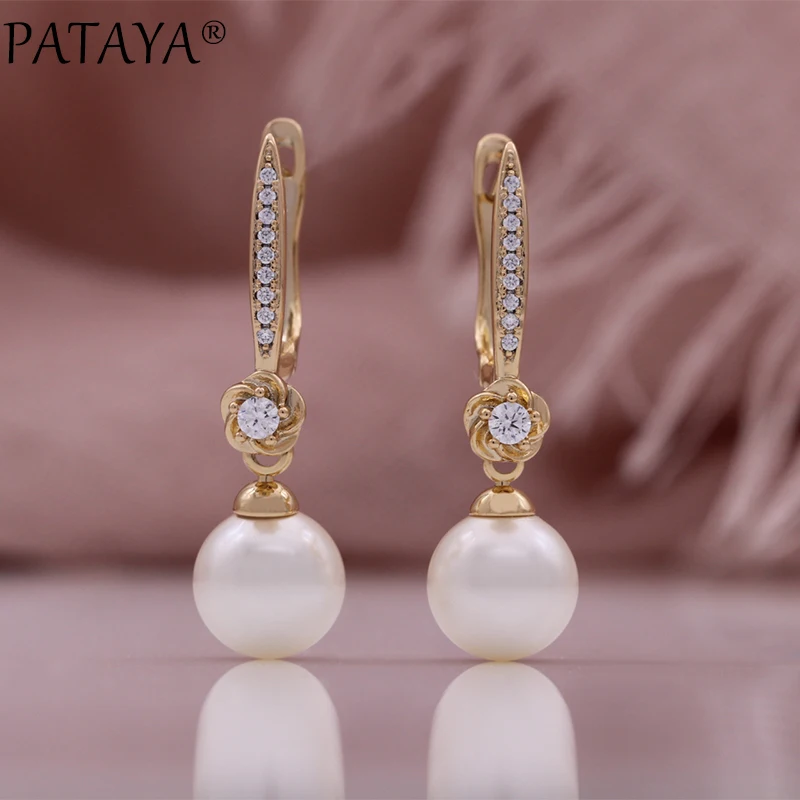 PATAYA New Geometric Pearl Long Drop Earrings for Women 585 Rose Gold Color Natural Zircon Modern Party Daily Fine Jewelry