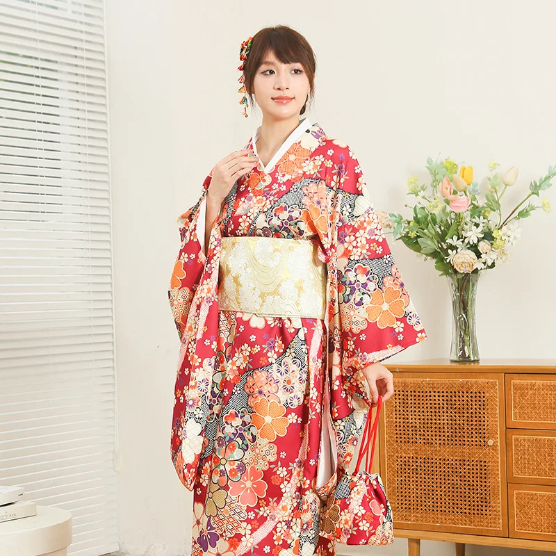 Japanese Traditional Yukata Kimono With Obi Vintage Women Evening Dress Geisha Stage Show Photography Clothes Costume Cosplay