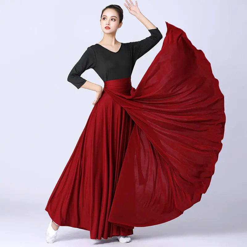 Uma peça flamenco saia trajes de dança cor sólida grande swing saia para mulher espanhol dança do ventre desempenho roupas ciganas